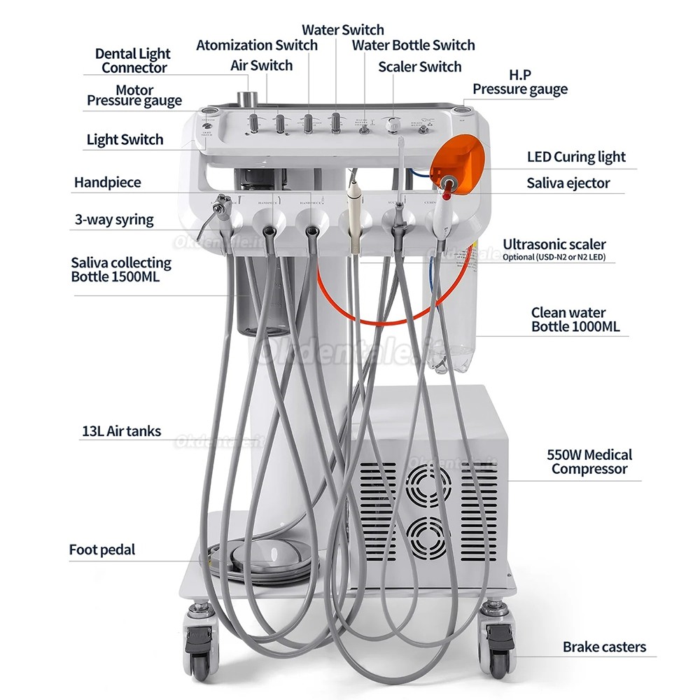 Portastrumenti per unit&agrave; dentali con fori per lampada dentale + compressore d'aria + ablatore ultrasuoni + lampada polimerizzatrice